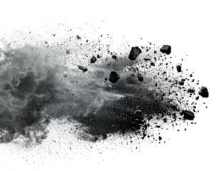 A grayscale explosion of particulate matter, rocks, and a hazy cloud against a black background