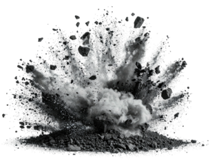 Monochrome explosion illustration with rocks, smoke, and debris bursting outwards