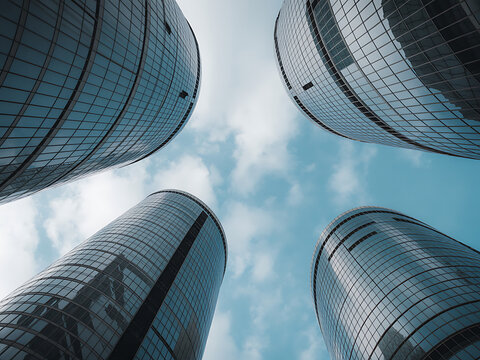 Modern glass skyscrapers reaching towards a cloudy blue sky, low angle view