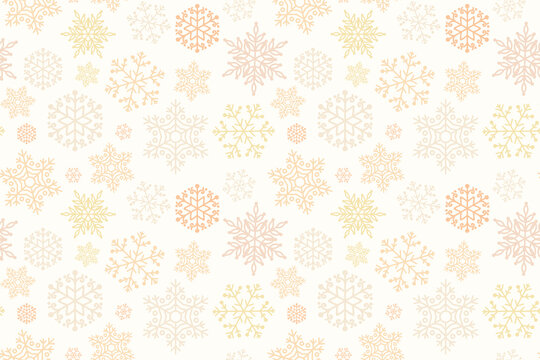 Golden snowflakes seamless pattern on white background. Flat gold festive snowflakes pattern for textile, wrapping paper