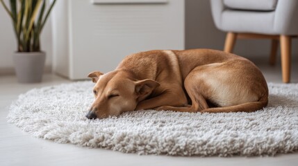 A light brown dog curls up and sleeps peacefully on a soft fluffy rug in a bright and inviting indoor room with a plant nearby. Sunlight filters in creating a warm atmosphere.