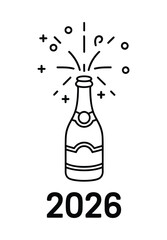 A bottle of champagne erupts with celebratory sparks above the year 2026.
