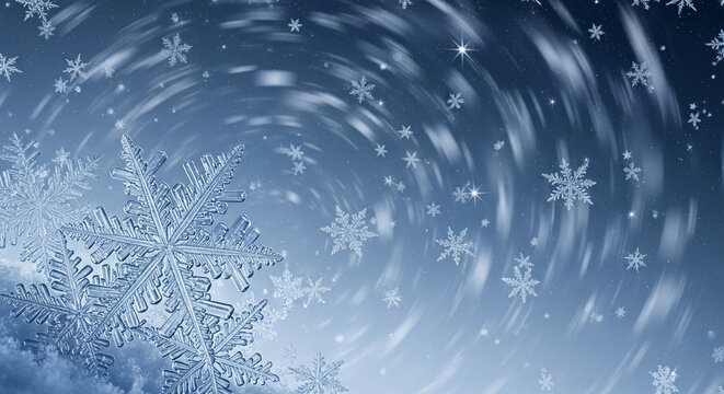Image of a blue snowflake cluster with spiraling blurred effect and additional snowflakes, representative of winter, ice, cold, or holiday season