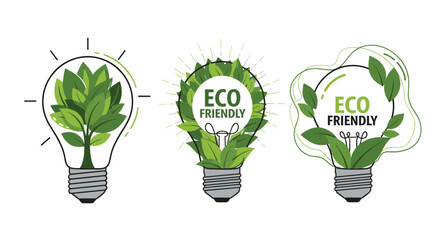 A set of three eco-friendly concept icons showing lightbulbs filled with green leaves and trees symbolizing green energy ideas.
