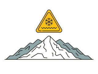 A warning sign for freezing temperatures is displayed above a snow-covered mountain range.