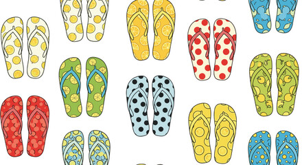 Colorful seamless pattern of various summer flip-flops with polka dot and fruit designs for vacation and beach backgrounds.