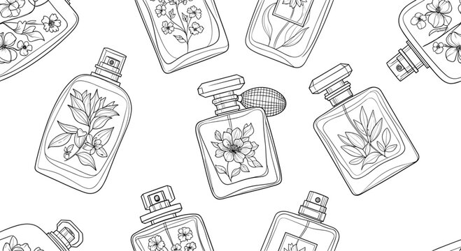 An elegant seamless pattern of various perfume bottles with floral engravings in a black and white line art style for coloring.