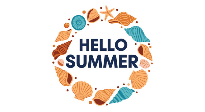 A cheerful Hello Summer greeting inside a circular frame made of colorful seashells and starfish on a clean white background.