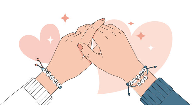 Two friends holding hands and wearing matching bff bracelets to symbolize a strong and supportive friendship connection.
