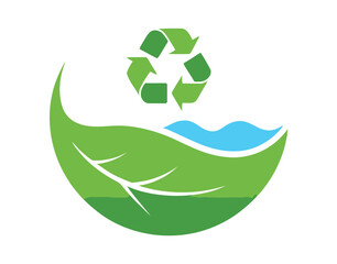 Recycling symbol above a stylized green leaf and blue water wave