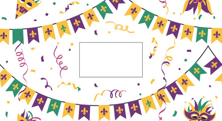A festive Mardi Gras celebration background with colorful bunting confetti and masks creating a frame around a blank space for text.