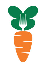 A carrot with a fork sticking out of the top represents healthy eating and organic food.
