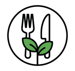 A circular icon displays a fork, knife, and two green leaves, symbolizing vegan food.