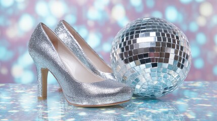 Shiny silver high heels are placed beside a reflective disco ball on a colorful surface. This setting evokes a festive and lively atmosphere perfect for a dance party.