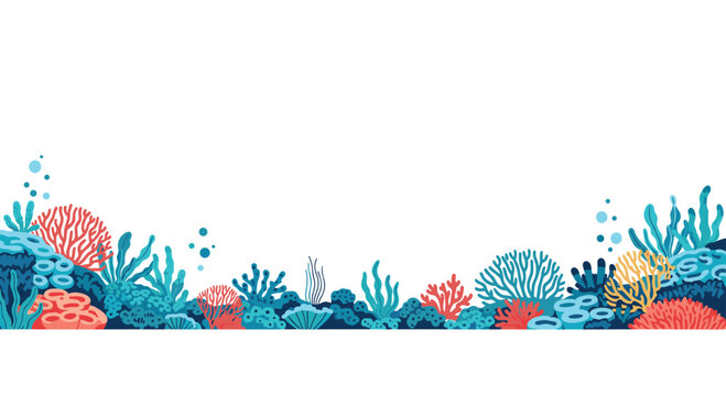 A vibrant underwater seascape border featuring a colorful variety of coral reef plants and seaweed on the ocean floor with bubbles.