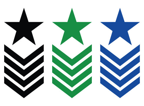Three colored insignia symbols with stars above chevron stripes.