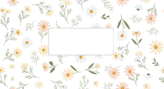 A gentle and charming floral background filled with scattered pastel daisies and a blank rectangular frame in the center for text.