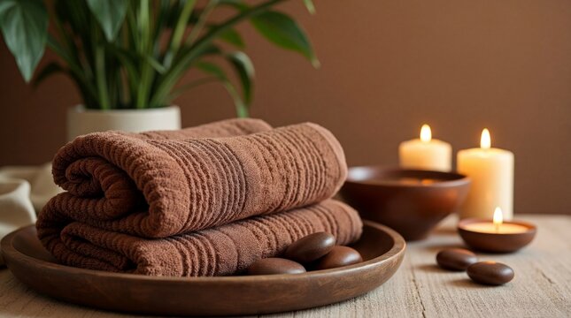 Inviting spa ambiance with stacked brown towels, glowing candles, and smooth massage stones on a rustic wooden tray