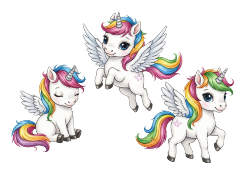 three adorable chibi baby pegasus hybrids with vibrant rainbow manes and pearlized horns, wet-on-wet watercolor illustration set against a clean white background. concept of childhood fantasy and