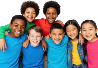 Six energetic, diverse children (african american, asian, caucasian, hispanic) in bright casual clothing, tightly huddled, smiling, and laughing in a high-key studio with white background. concept of