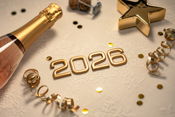 New Year 2026 Celebration with Champagne and Golden Decorations