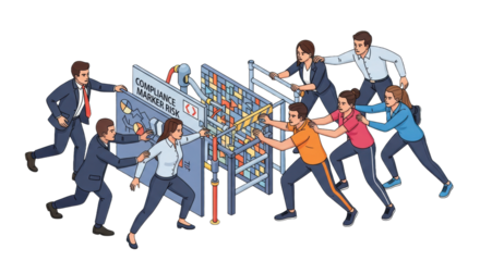 Diverse young professionals in corporate and smart casual attire race across a stylized isometric obstacle course visualizing market challenges, high-contrast vector on white. Concept of fierce
