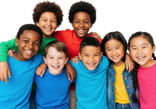 Six energetic, diverse children (african american, asian, caucasian, hispanic) in bright casual clothing, tightly huddled, smiling, and laughing in a high-key studio with white background. concept of