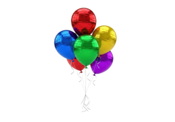 Tightly grouped bouquet of five reflective metallic foil balloons (red, blue, green, yellow, purple) floating centrally on a pure white background with copy space, clean celebration graphic concept
