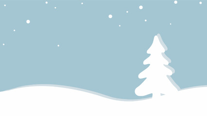 Pastel Blue Minimalist Winter Background with White Pine Tree Silhouette and Snowfall