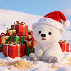 Cute white polar bear cub wearing a Santa hat sitting in the snow for a Christmas portrait