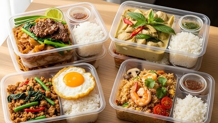 Four delicious thai food takeout containers with rice and various dishes