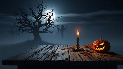Spooky halloween scene with carved pumpkin and candle on wooden table under moonlight