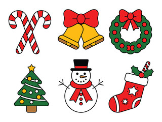 A collection of six festive Christmas holiday icons including a snowman, tree, and stocking.