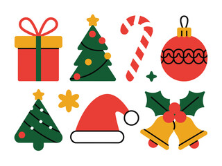 A collection of festive Christmas icons including a gift, trees, candy cane, ornament, hat, and bells.