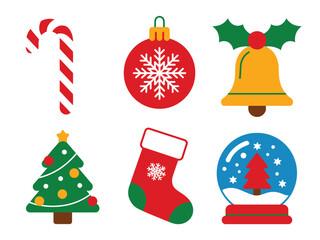 A collection of classic Christmas holiday symbols arranged on a white background.