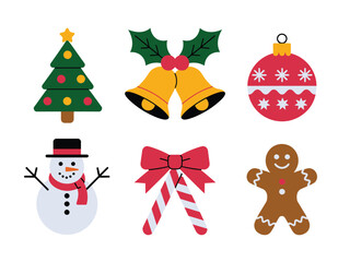 A Christmas tree, bells, ornament, snowman, candy canes, and gingerbread man are depicted.
