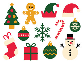 A festive collection of Christmas icons including a tree, snowman, and ornaments.