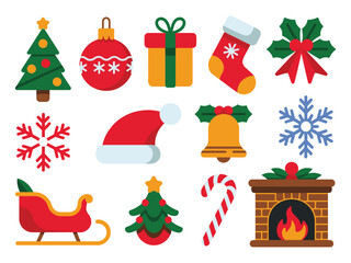 A collection of flat design Christmas icons including a tree, ornament, gift, stocking, and sleigh.