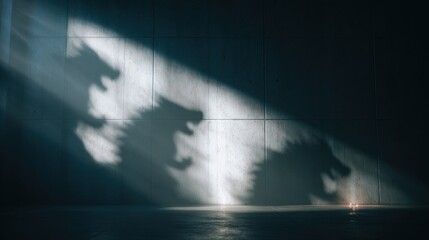 Eerie dragon shadows dance on the wall, creating a mysterious and fantastical atmosphere for spooky stories or fantasy game designs with dramatic lighting