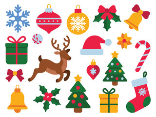 A collection of various Christmas holiday icons and symbols are displayed against a white background.