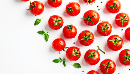 Fresh tomatoes on a white background, with water droplets, white backdrop, top view. AI