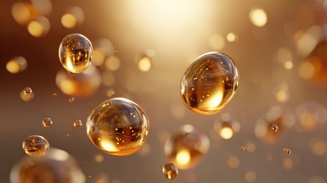 Luxurious golden serum bubbles floating gently for skincare and beauty product concepts in warm light, embodying elegance and scientific advancement