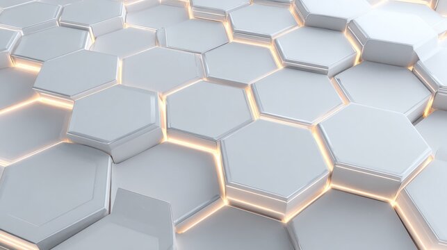 Stunning white hexagonal tiles with vibrant gold glowing edges for modern tech backgrounds and sleek designs, adding a touch of luxury and sophistication