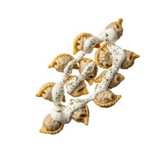 Delicious Dumplings with Creamy Sauce and Herbs Overhead View