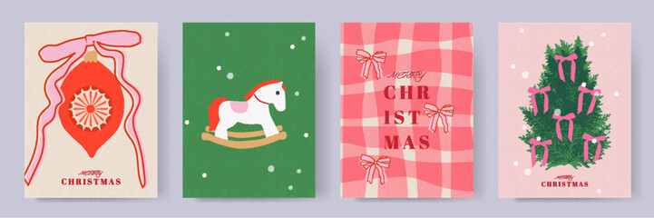 Set of Christmas illustrations. Classic Retro Christmas Composition with Ribboned Tree and Traditional Toy Decorations.  Merry Christmas.