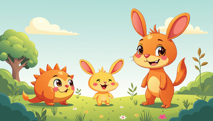Adorable Cartoon Animals in a Forest Setting