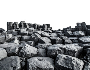 Black and white image of a unique geological formation of hexagonal, stacked basalt columns