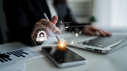 Business management system showing teamwork, productivity, and planning. Management supports goal, management tracks progress, management improves teamwork, and enhances productivity. Latch