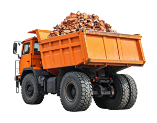 An orange dump truck, isolated on black, filled with a load of reddish-brown bricks