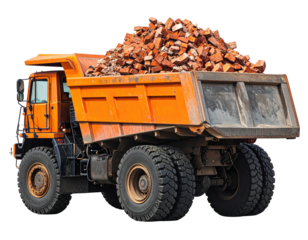 A large, orange dump truck filled with a load of reddish-brown bricks, ready for transport